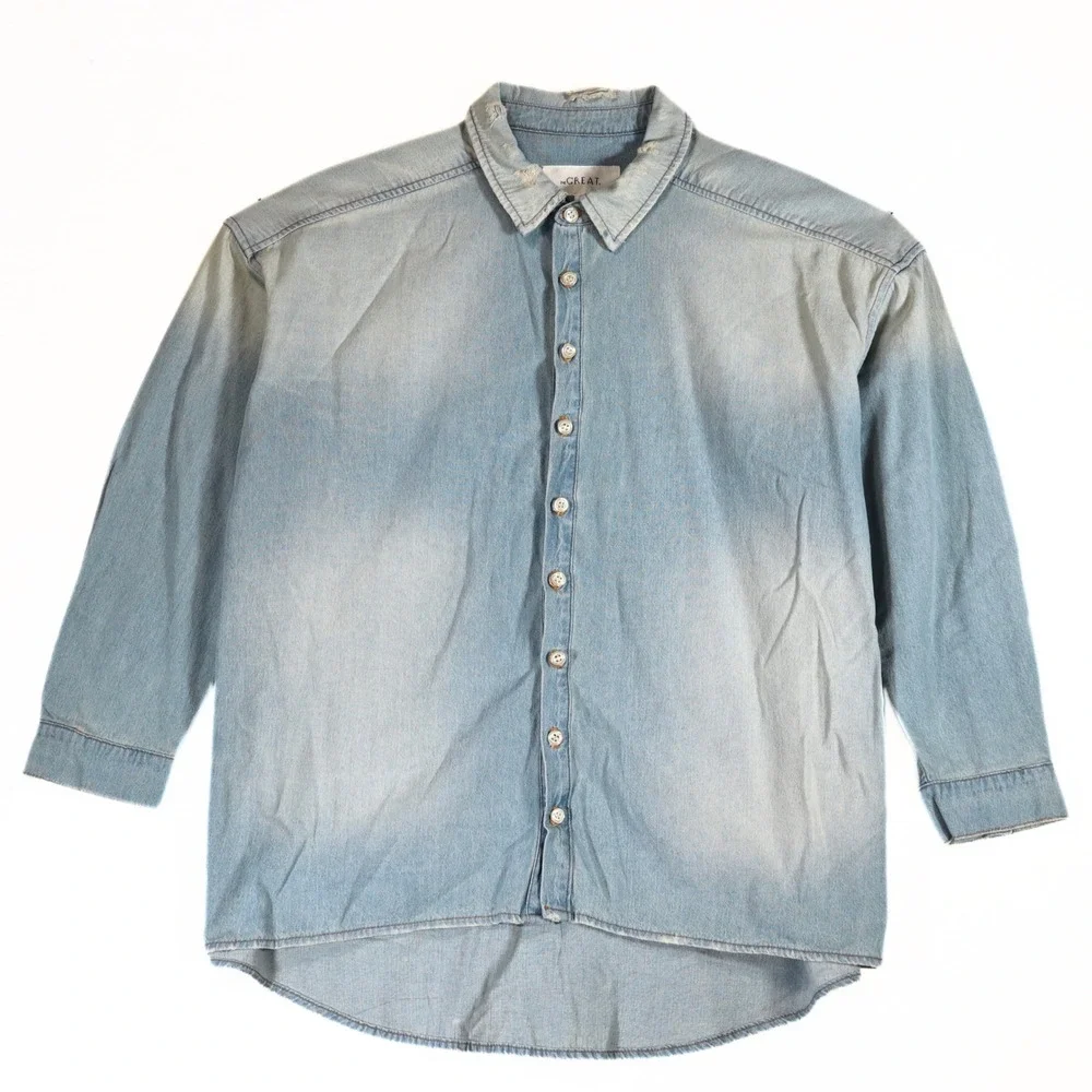 The Great Denim Shirt Womens 0 XS Blue Distressed Oversized Button Down Casual